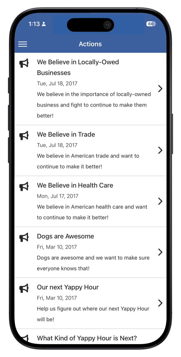 Civic advocacy actions in a Yellowstone app